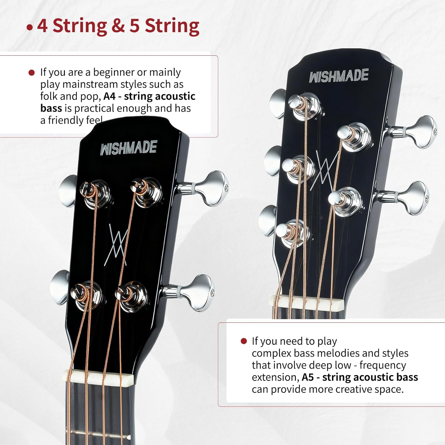 WISHMADE 3/4 Acoustic Guitar 5 String Bass Guitarra With Gig Bag, Black Guitar Body Natural Wood Finish for Kids Bass Guitar & Beginner Guitar for Adults Youth Practice