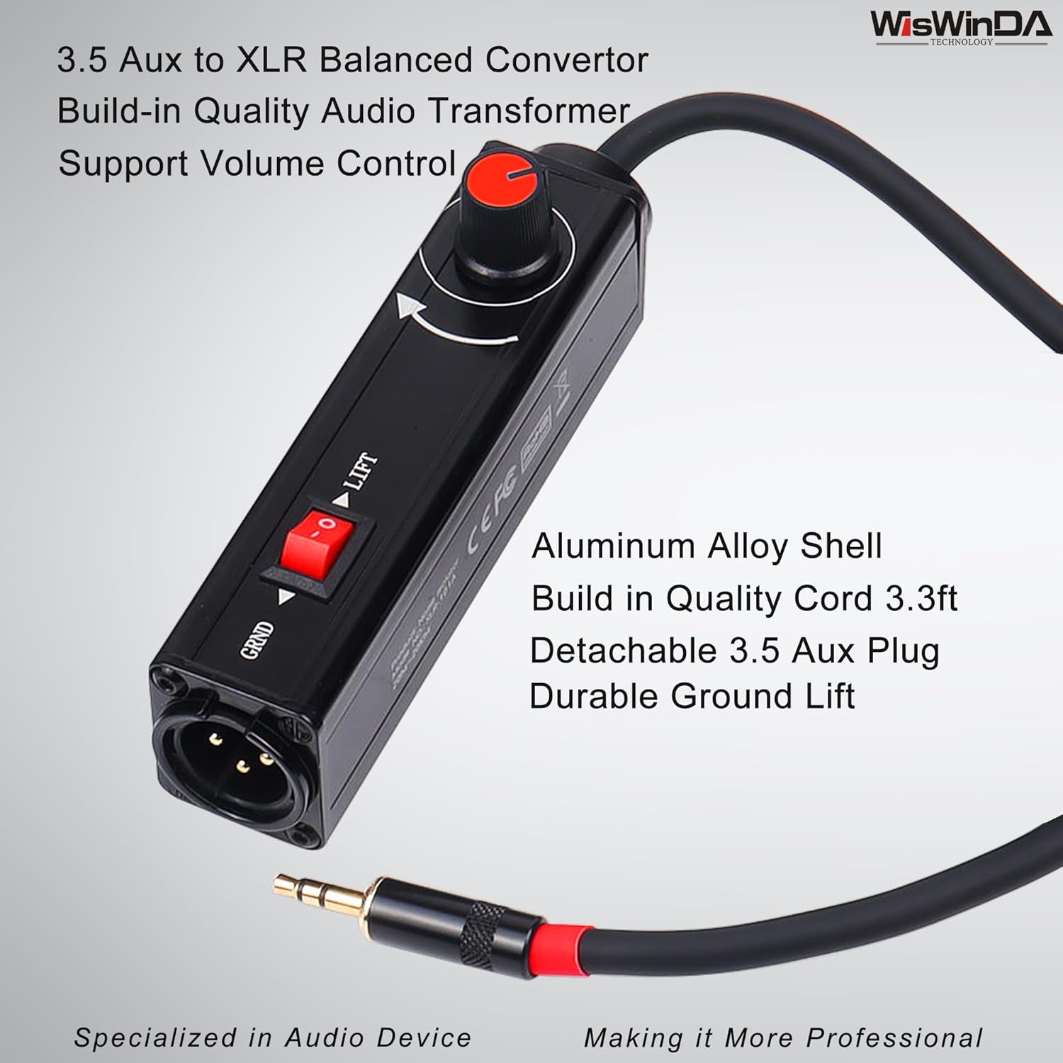 Pro101A AUX to XLR Isolation Box with Volume Controller and Ground Lift Switch Build-in Cord Length 3.3ft with Detachable 3.5mm Aux Gold Coating Plug (Pro 101A Aux-XLR)