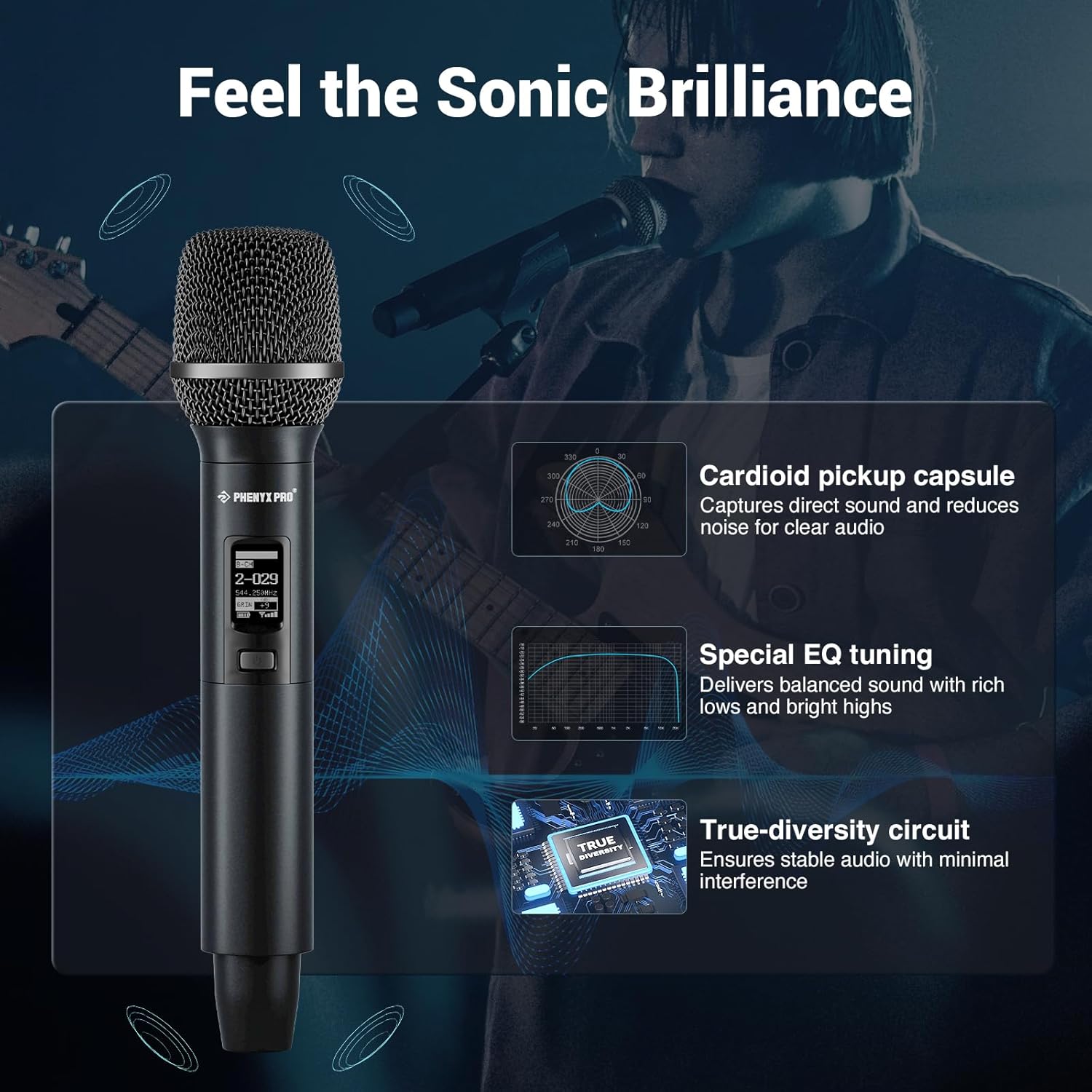 Phenyx Pro Dual-Channel Wireless Microphone System, Dynamic Mics w/ID Lock, Tunable Power Level, Auto Scan, Spectrum Analyzer, True Diversity Cordless Handheld for Singing, DJ, Karaoke (PTAU-2)