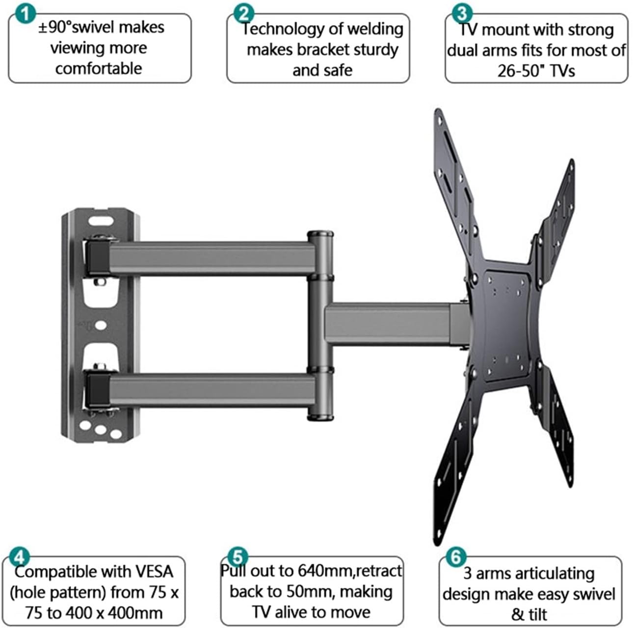 TV Wall Mount Bracket for 26 50 Inch LCD Flat Screen 90° Swivel Supports Up to 40kg Easy in Tion Adjustable Tilt Universal Compatibility