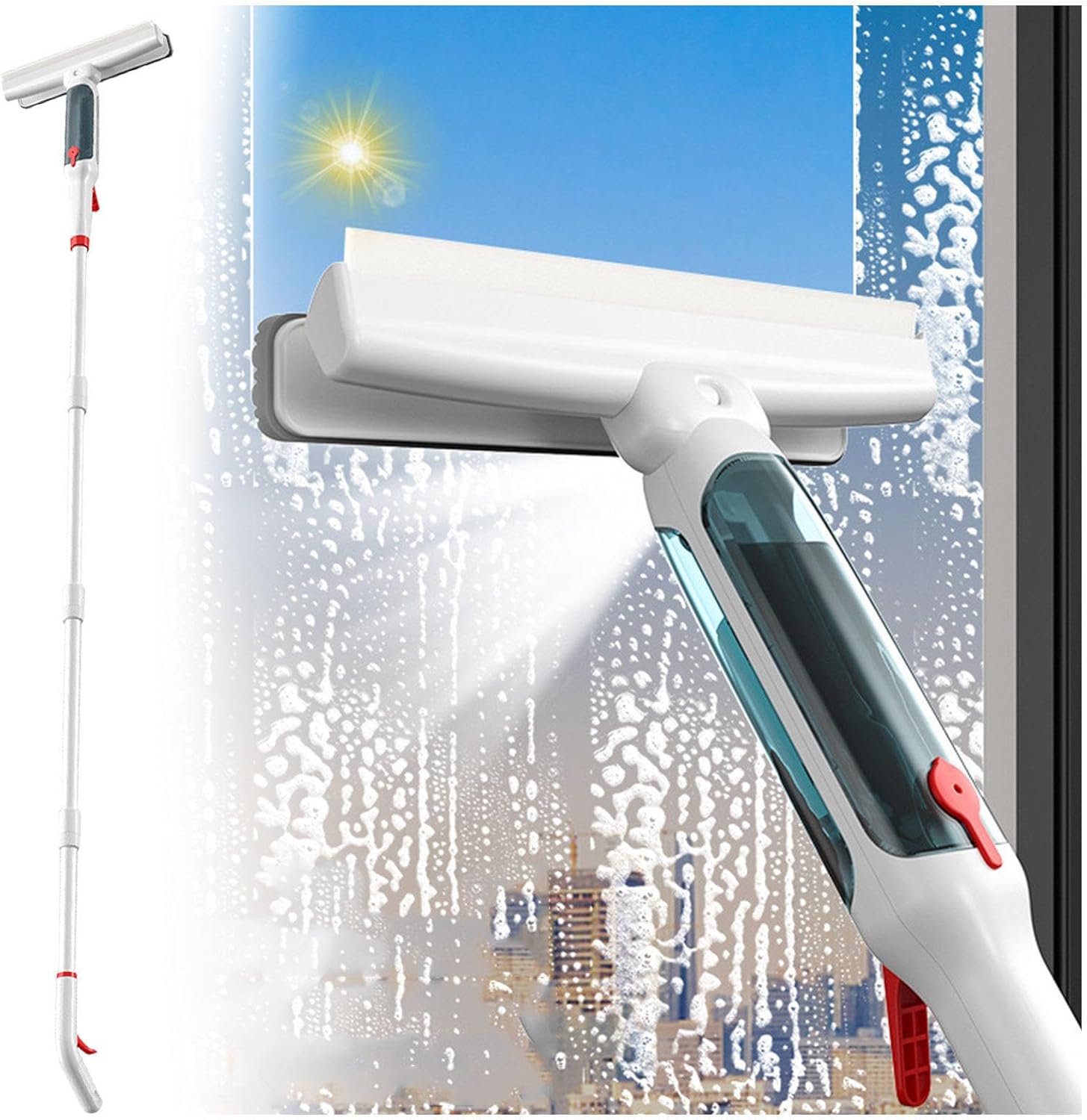 75'' Spray Window Squeegee for Home with 4-Section Extension Pole, 4 in 1 Window Vacuum Squeegee Cordless Professional Window Cleaning Kit with Sewage Collector and 5 Pads