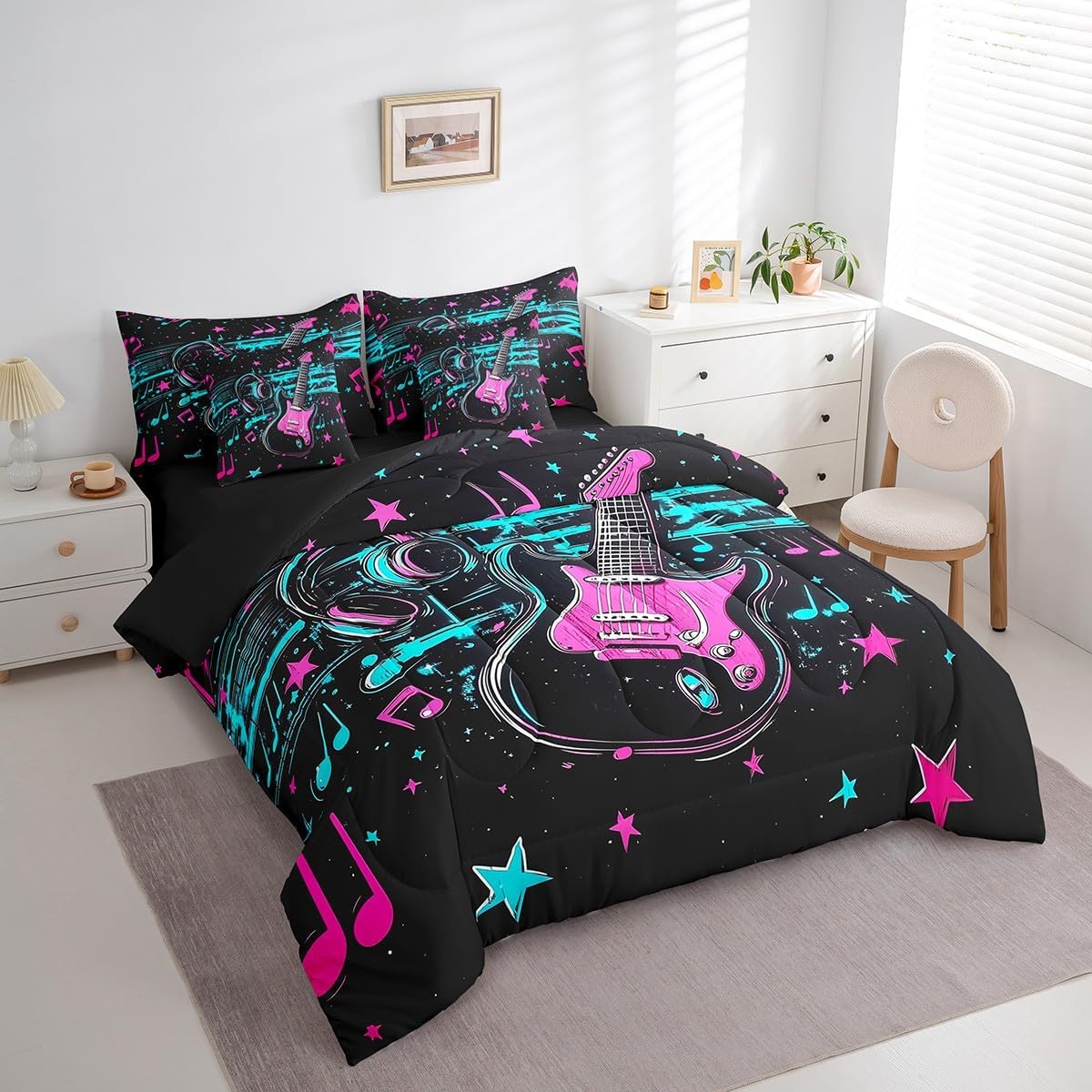 7 Pieces Queen Size Electric Guitar Comforter Set,Glitter Starry Sky Tie-dye Graffiti Bedding Set for Boys Girls,Neon Musical Notes (Comforter+Fitted+Flat Sheet+2 Pillowcases+2 Throw Pillow Covers)