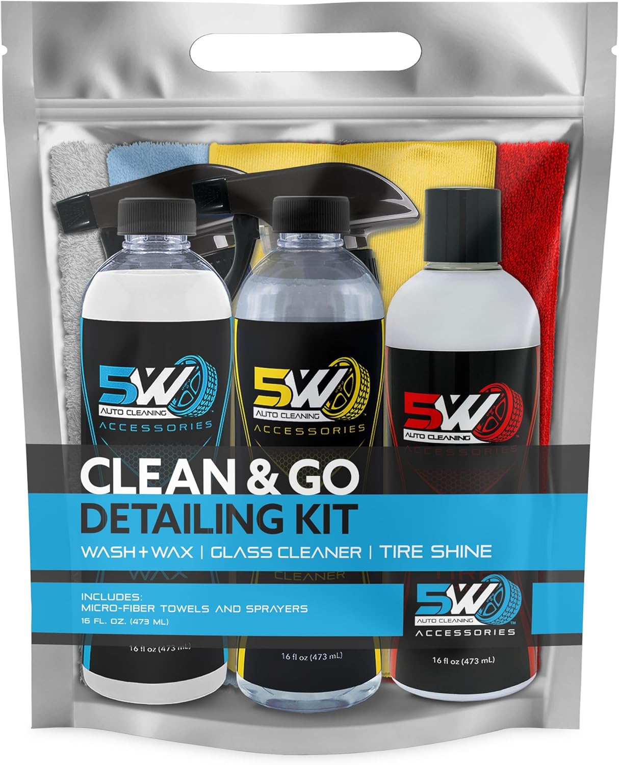 5W AUTO Clean & Go Detailing Kit - Tire Shine, Includes 3 16oz Bottles, 4 16