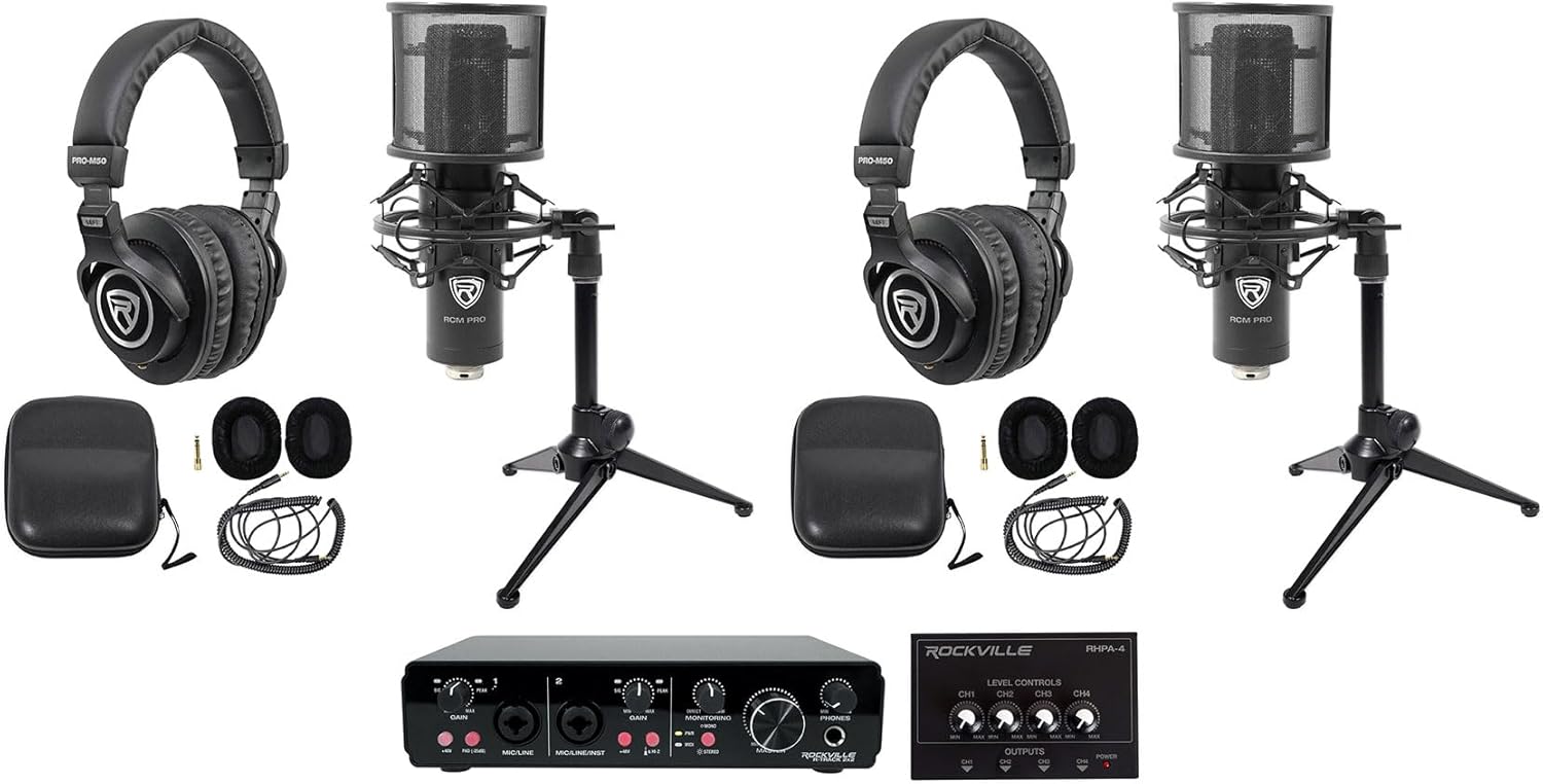 Rockville R-TRACK 2x2 Bundle: USB recording interface 24 Bit 192 kHz, (2) RCM PRO condenser microphones, (2) PRO-M50 headphones, (2) RDTS mic stands, RHPA4 4-ch headphone amplifier, TRS cable, 9-items