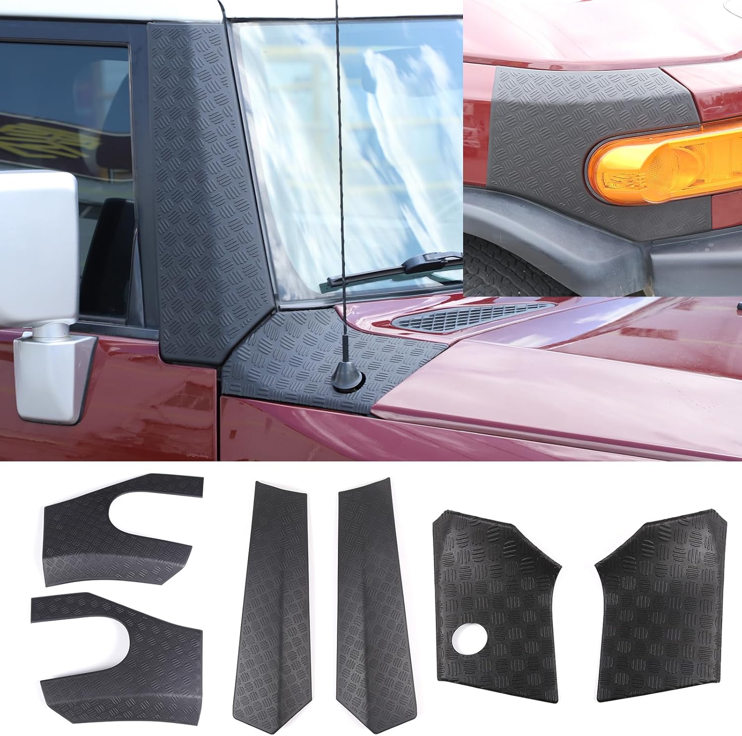 LLKUANG Car Black Cowl Body Armor Outer Cowl Covers Side Corner Guards for Toyota FJ Cruiser 2007-2021,Headlight ABS Hood Side Trim Panel-1 Pair (Combination-6PCS)