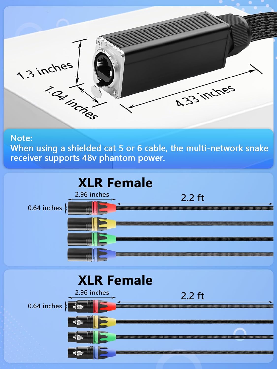 CERRXIAN 4 Channel Multi Snake 3Pin XLR to Ethercon-Compatible RJ45 Cat5/Cat6 Ethernet Breakout for ​Live Stage Audio, Sound, Lighting, Audio Recording Studio (1 Pair: Male&Female) - 2.6FT