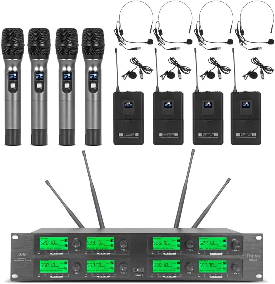 Wireless Microphone System Frequency A 8 Channel Microphone UHF 4 Handheld Mic 4 Headset 4 Lavalier Bodypack 4 Lapel Mic Karaoke System Church Speaking Conference Wedding Party Ktv