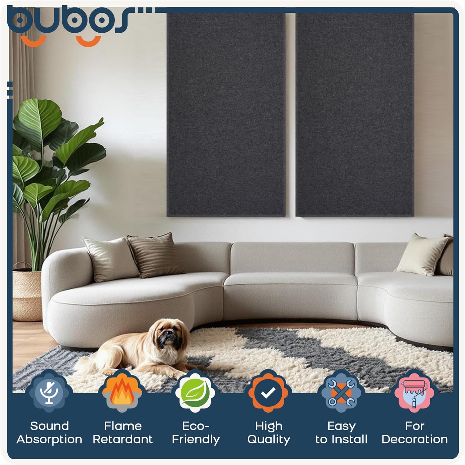 BUBOS 2 PCS Fabric Acoustic Panels,47.2''x23.6'' Decorative Sound Dampening Panels, Art Large Acoustic Wall Panels for Studios, Office, Home Theater,Max CavityPro Grey