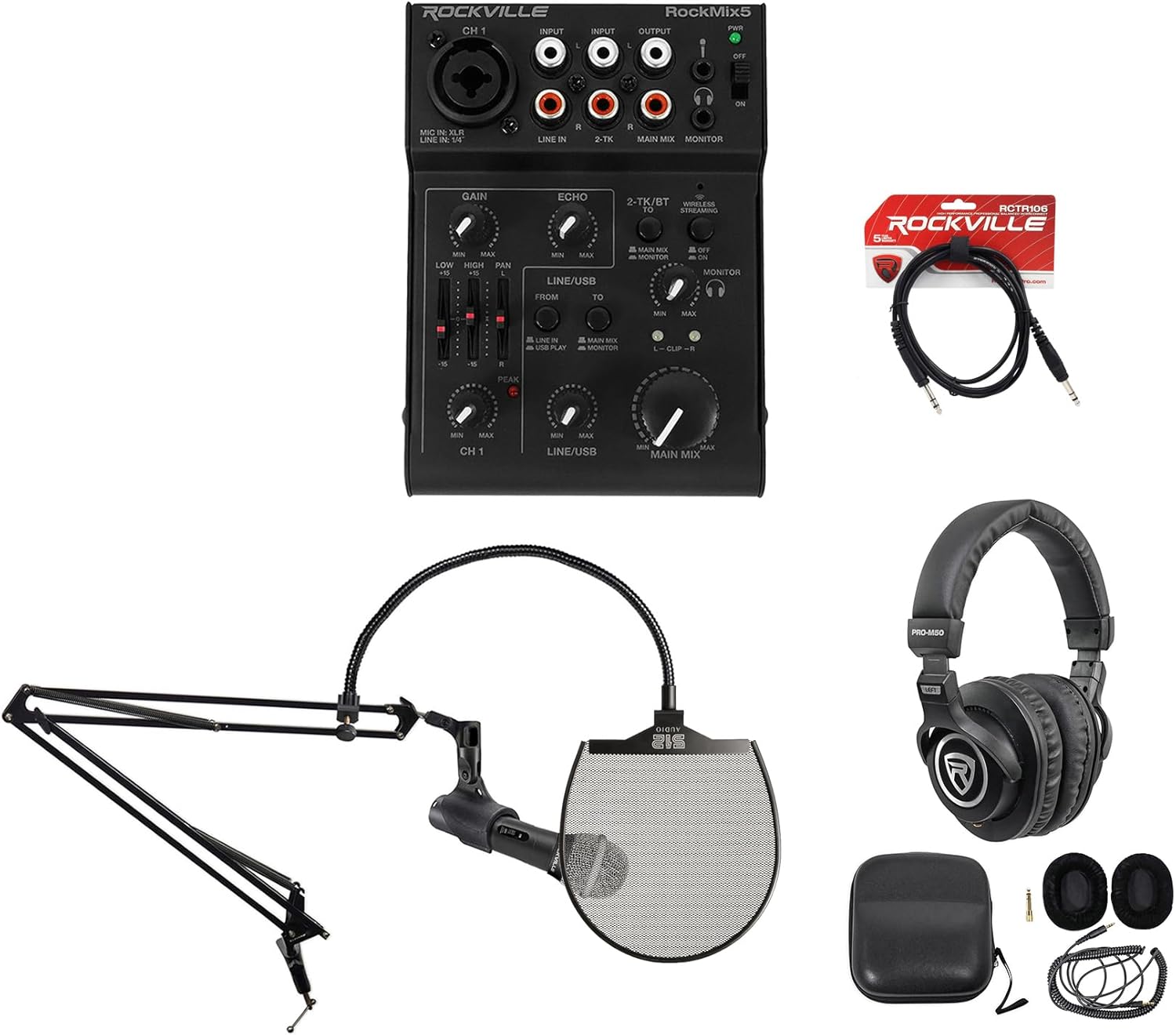 Rockville RockMix 5 Bundle: 5 Channel Mixer with USB Interface, DMS40 40