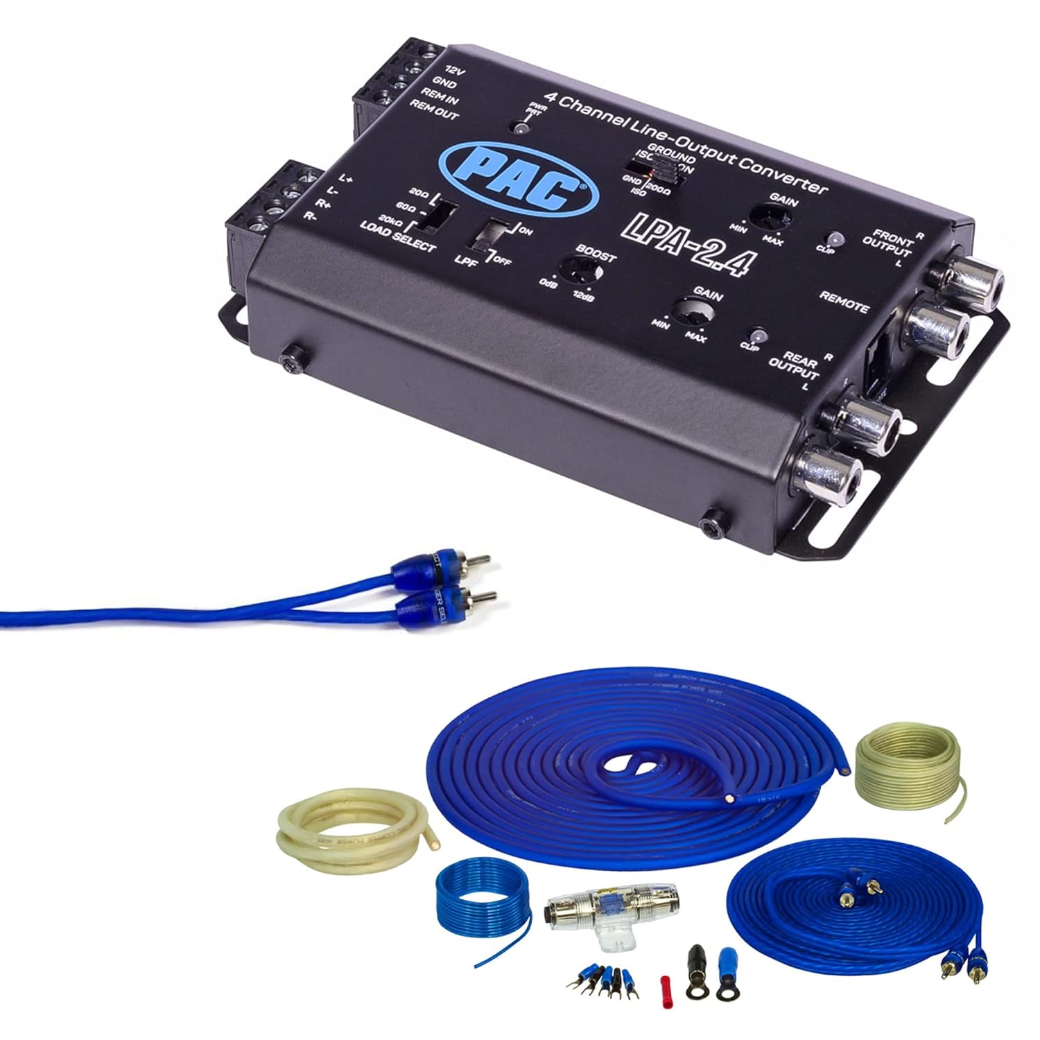 Stinger SS1200XS 4 Gauge Pure Copper Wiring Kit with LPA-2.4 LOCPRO Advanced 2 Channel Input-4 Channel Output, Line Output Converter w/Remote Turn-On Circuit, Bass Boost, Low Pass Crossover, and a