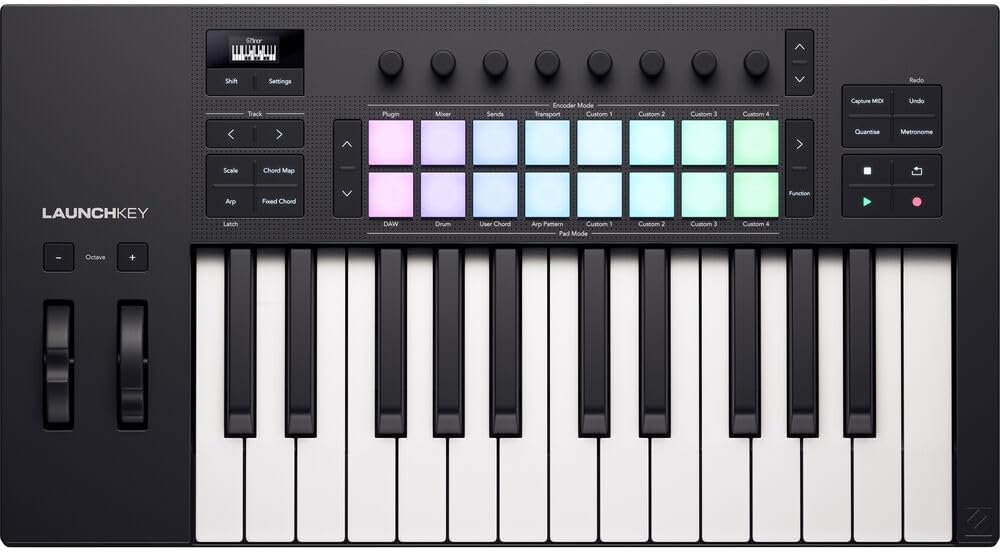 Novation Launchkey 25 MK4 USB MIDI Keyboard Controller (25 Keys) Bundle with HPC-A30 Closed-Back Studio Monitor Headphones, FP-P1L Universal Piano-Style Sustain Pedal and Mid-310 Black 10' Midi cable