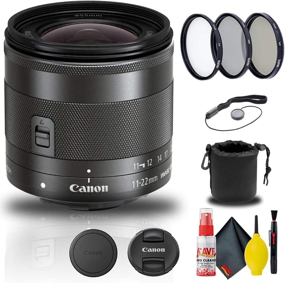 Canon EF-M 11-22mm f/4-5.6 is STM Lens (7568B002) + Filter Kit + Lens Pouch + Cap Keeper + Cleaning Kit + More (Renewed)