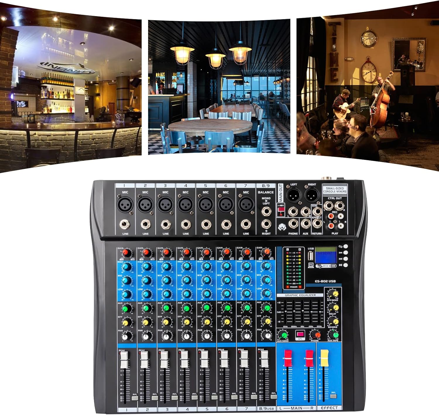 8 Channel Professional Powered Mixer, 48V USB Bluetooth Audio Interface Phantom Power Mixer, Metal Live Mixer Professional DJ Console Mixer Use for Home KTV, Campus Language, Conferences