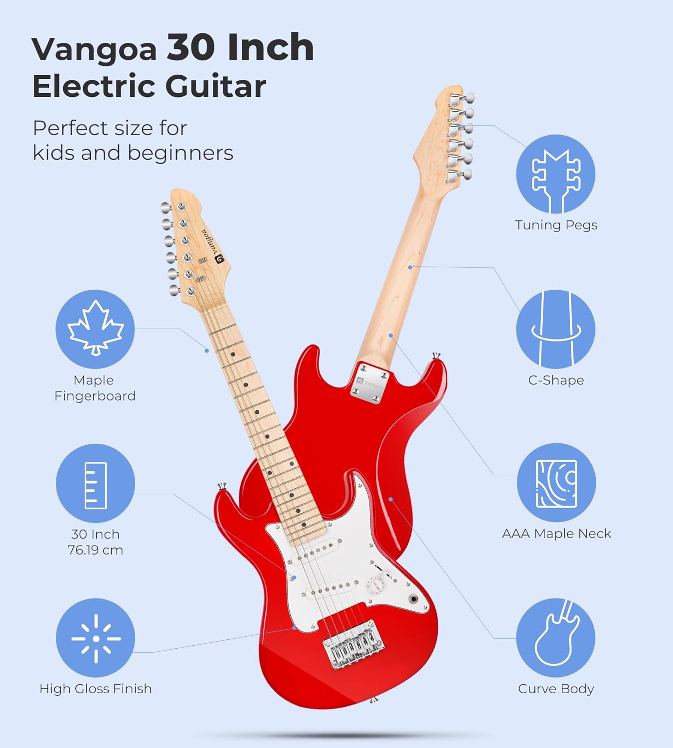 Kids Electric Guitar Vangoa 30 Inch Electric Guitar for Beginner Kit for Young Players with Amp, Bag, Strap, Extra Strings, Capo, Tuner, Picks, Cable (Red)