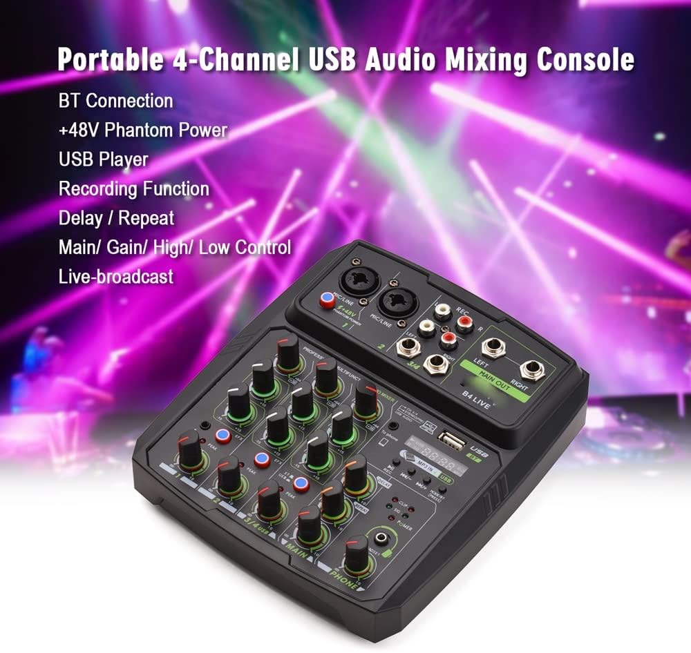 4-Channel Audio Mixer Mixing Console LED Screen Built-in Soundcard USB BT Connection with 2-Band EQ Gain Delay