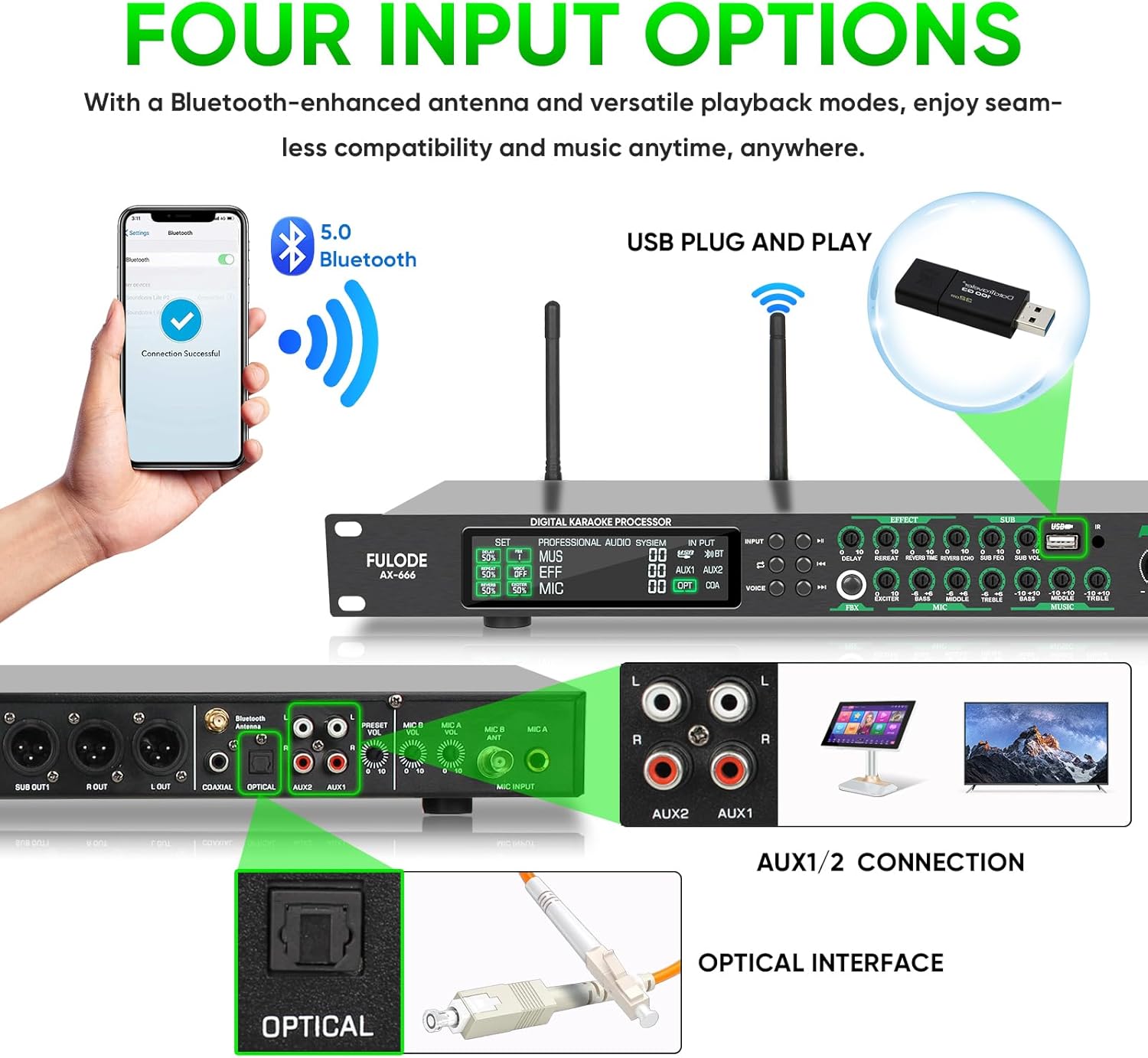 AX-666 Professional Karaoke Processor KTV Mixer with Dual Wireless Microphones, Digital Pre-Stage Effector Audio Vocal Effects Processor System with DSP Anti-Howling USB MP3 Bluetooth Optical