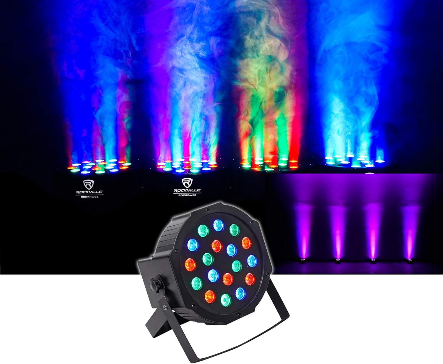 Rockville RockPAR50 Bundle: (4) RGB LED Par Can Wash Lights, ROCKFORCE 192 Lighting Console, DMX-WTR Wireless Transmitter, DMX-WRE Receiver, (2) RLB90 Travel Bags, (3) RDX3M25 3-pin Cables, 12-Items