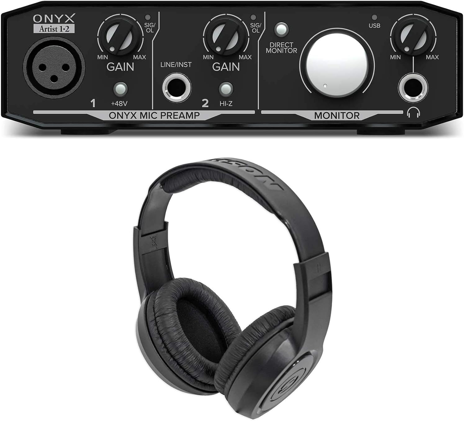 Mackie Onyx Artist 1.2 2x2 USB Audio Recording Studio Interface Bundle with Samson SR350 Over Ear Closed Back Studio Reference Monitoring Stereo Headphones