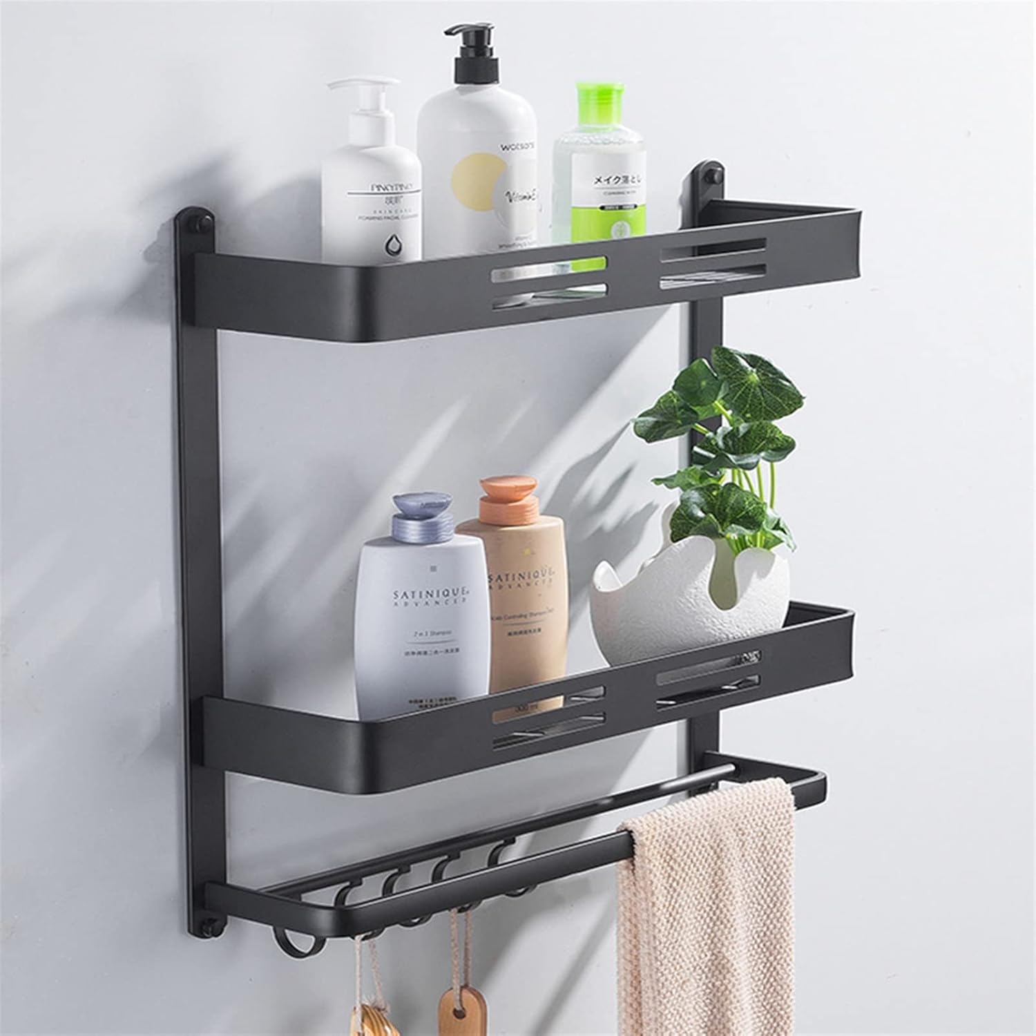 Shower Caddy Bathroom Shelf Wall Mount Black Aluminum Bathroom Shelf Shower Caddy Bath Rack with Bar and Hook for Towel Shampoo Shelves Storage Kitchen Shower Organizer ( Color : 1 Layer and Bar )