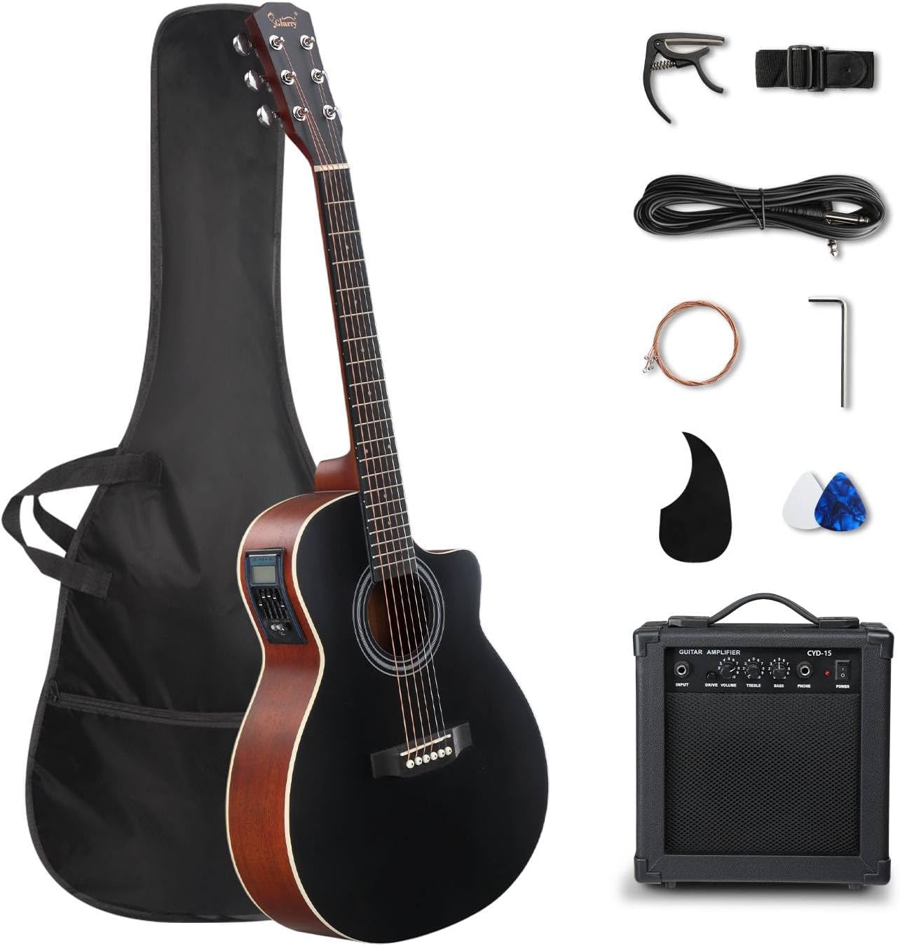 GLARRY 41in Full Size Acoustic Electric Guitar Beginner Kit with 15W Amp, 5-band EQ Cutway Design 6 Strings Electric Acoustic Guitar with Bag, Strap, Picks, Strings, Wrench (Black)