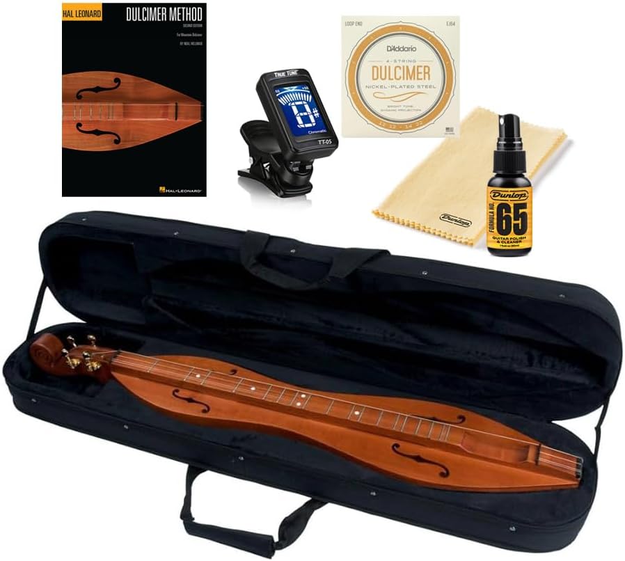 Applecreek Mountain Dulcimer 4-String Solid Cherry Hourglass Body with Instrument Alley, Case, Book, True Tune Tuner, Strings, Polish Kit, Bundle ACD200K - Made in Romania