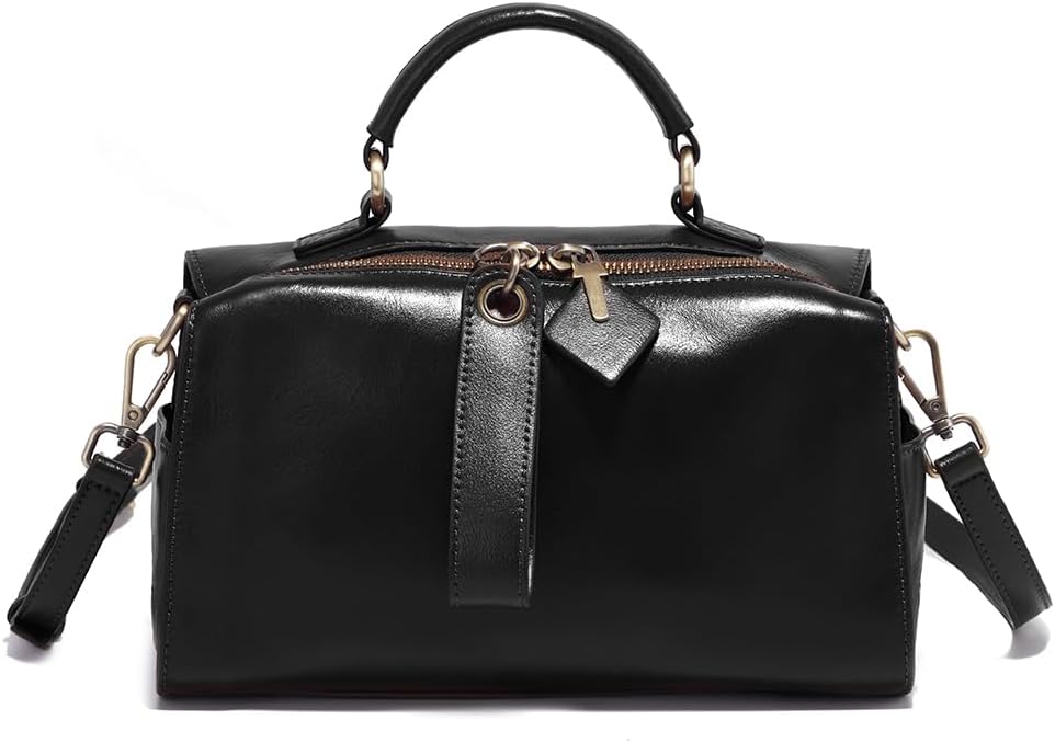 Genuine Leather Boston Bags for Women, Crossbody Bags Vintage Top Handle Satchels for Ladies with Two adjustable Straps