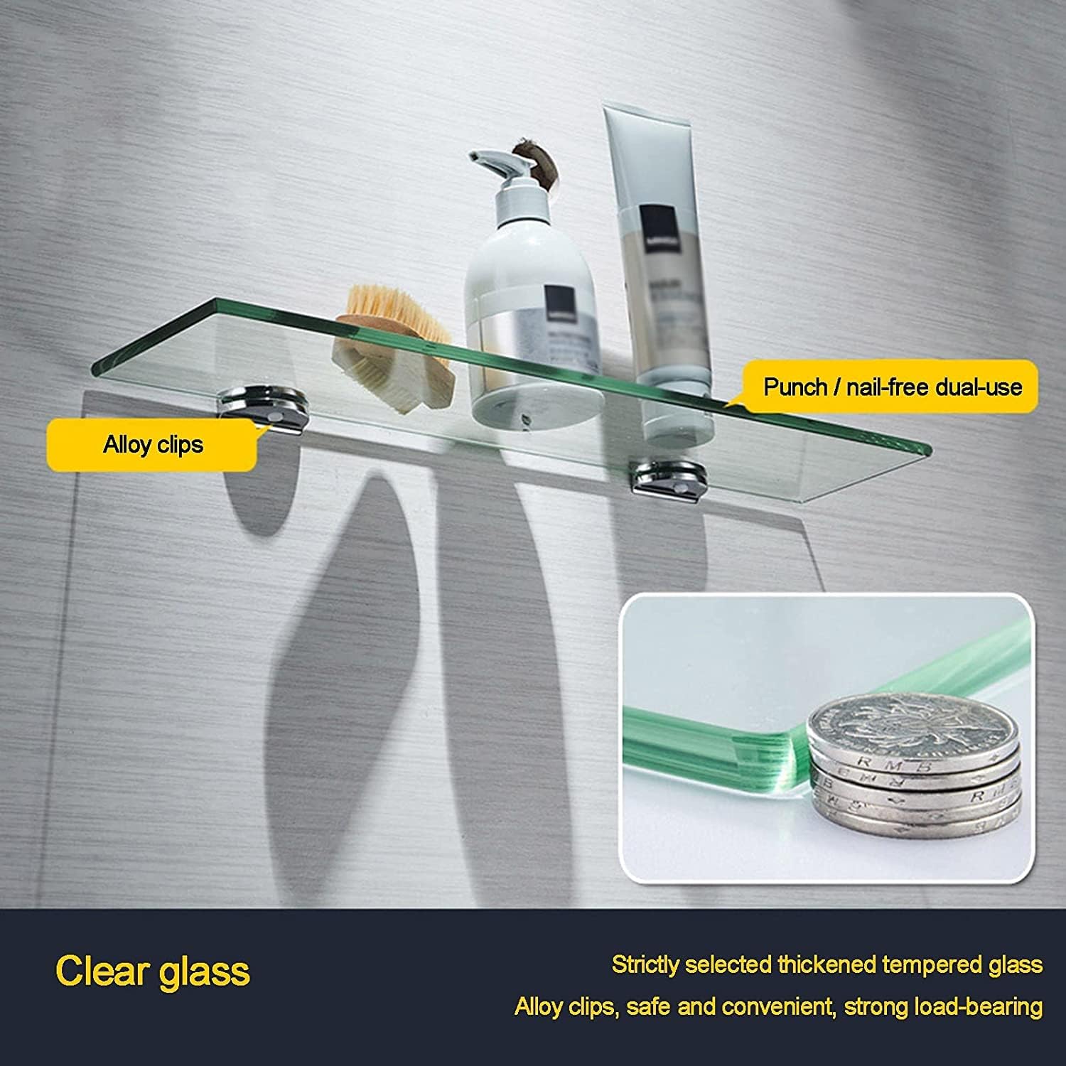 IOCCIOBB Bathroom Glass Shelf Glass Shelves for Bathroom, Bathroom Shelf with Rectangle Tempered Glass and Polished Chrome Bracket, Wall Mount (Size : 34 * 11cm)