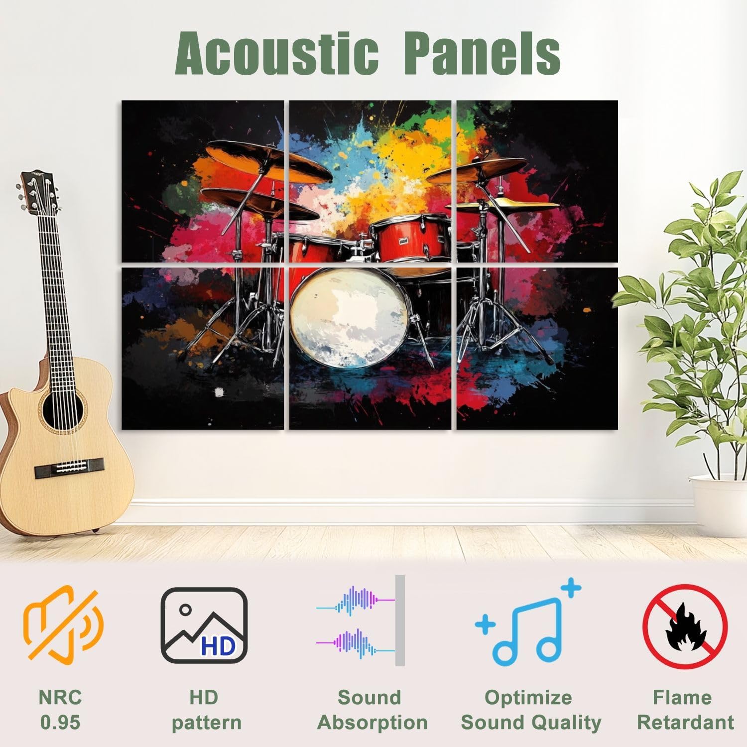 6 Pack Art Acoustic Panels Sound Absorbing Music Abstract Drum Set Bold Colors Musical Instruments Composition Decorative Soundproof Wall Panels Self Adhesive for Recording Studios Office 72