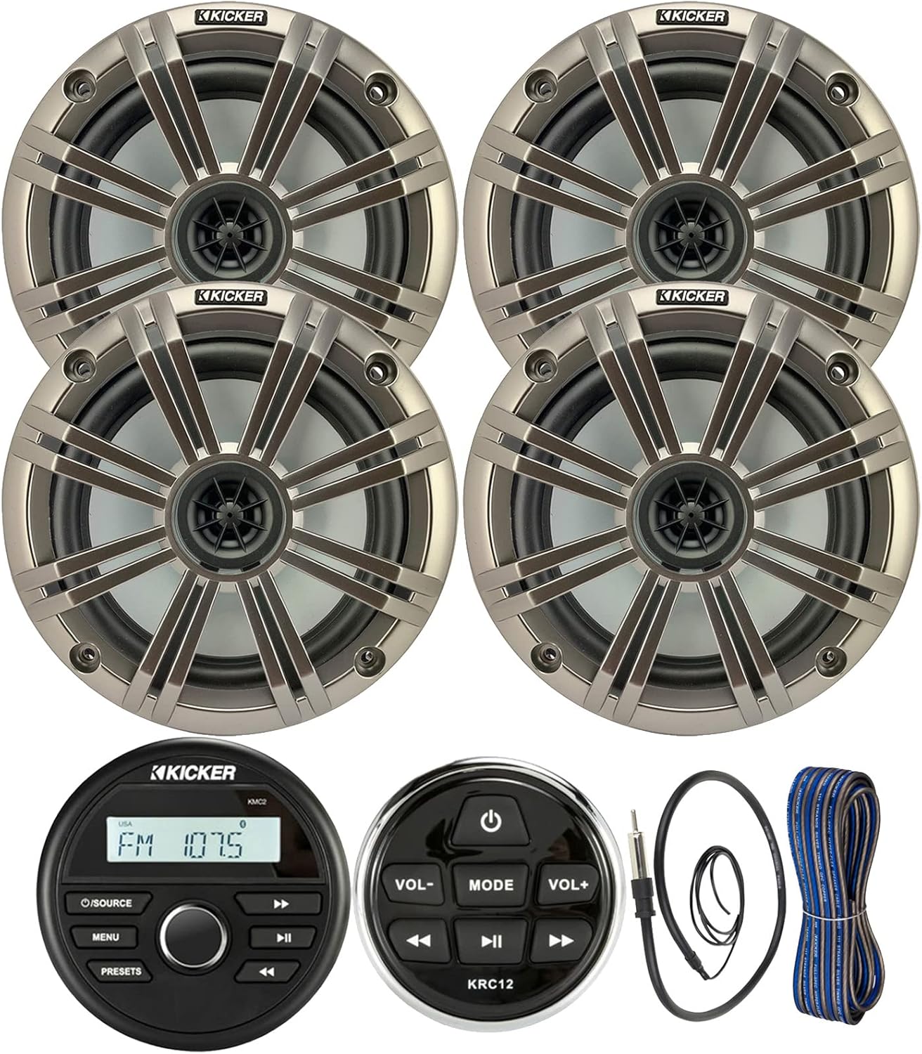 Kicker Weather-Resistant Gauge Style Bluetooth Marine Digital Media Receiver Bundle with Wired Remote, 4x 6.5
