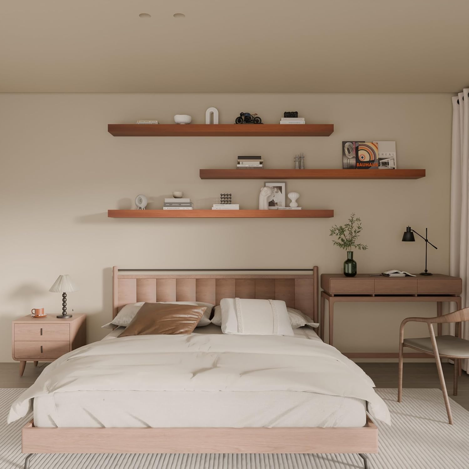 Floating Shelves for Wall, 72 Inch Extra Long Brown Wall Shelves, Set of 3, Hanging Invisible Brackets Floating Shelves for Living Room,Bedroom,and Kitchen