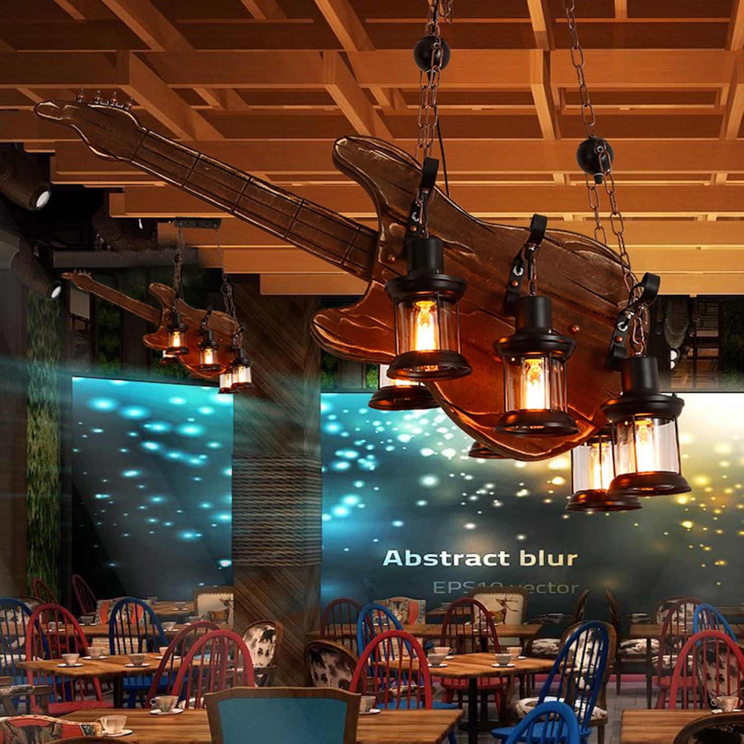 Guitar Wood Droplight,6 Lights Bass Industrial Retro Chaner, Children's Lamp with Spotlight Ceiling Lighting,for Home Office Bedroom Coffee Shop