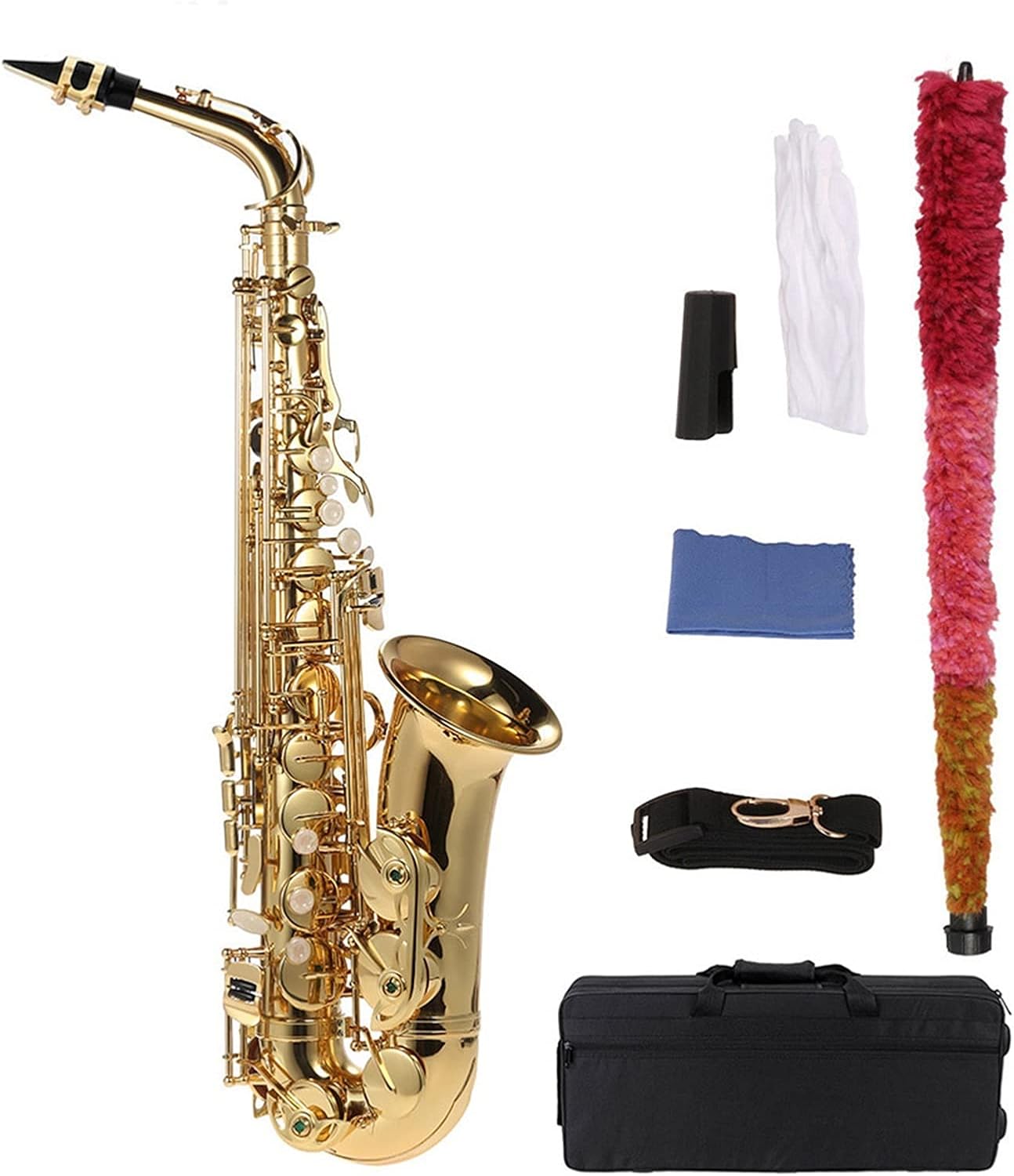 Saxophone Set Saxophones Student BE Alto Saxphone E Flat Sax Brass Lacquered Gold 802 Key Woodwind with Cleaning Cloth Brush Gloves Strap Case