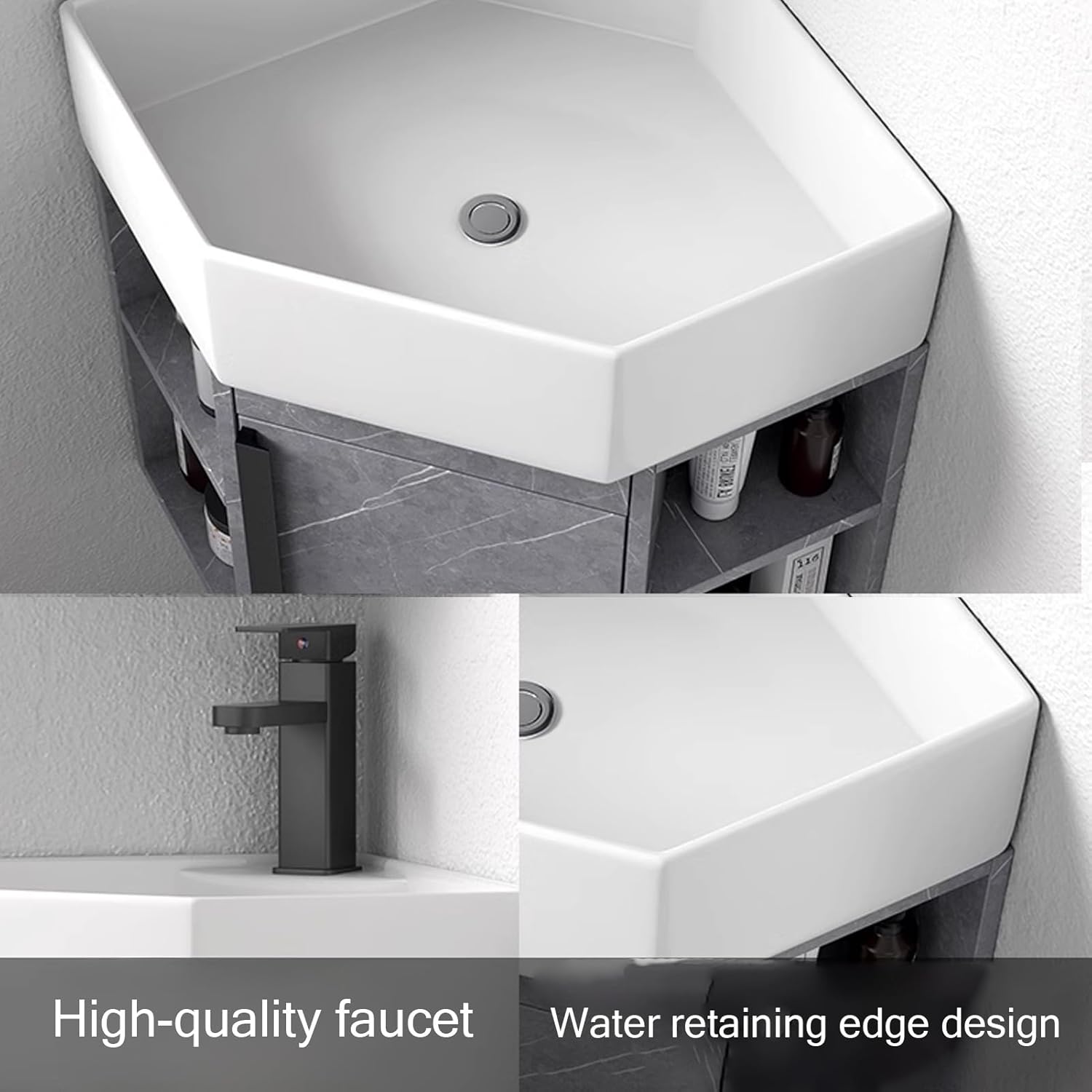 Corner Bathroom Sink Vanity, Ceramic Corner Wall Mount Bathroom Sink, Floating Wash Basin with Storage Container, Corner Vanity wash Basin Sinks(16inchx40cm)