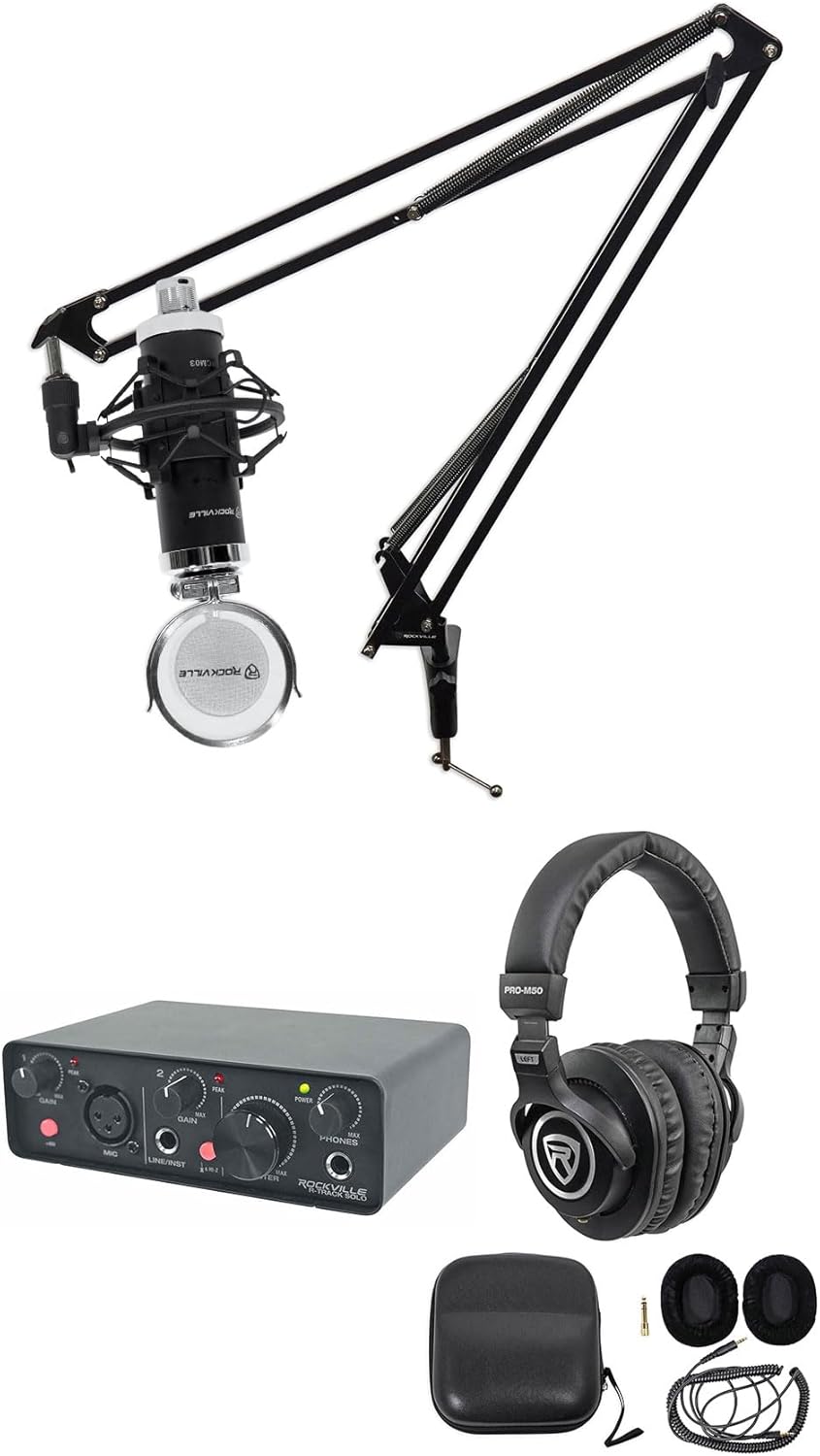 Rockville Bundle: Rockville R-TRACK SOLO Audio Interface Drivers Bundle with Rockville RCM03 Microphone & Rockville PRO-M50 Studio Headphones & Rockville DMS40 Mic Stand (4 Items)