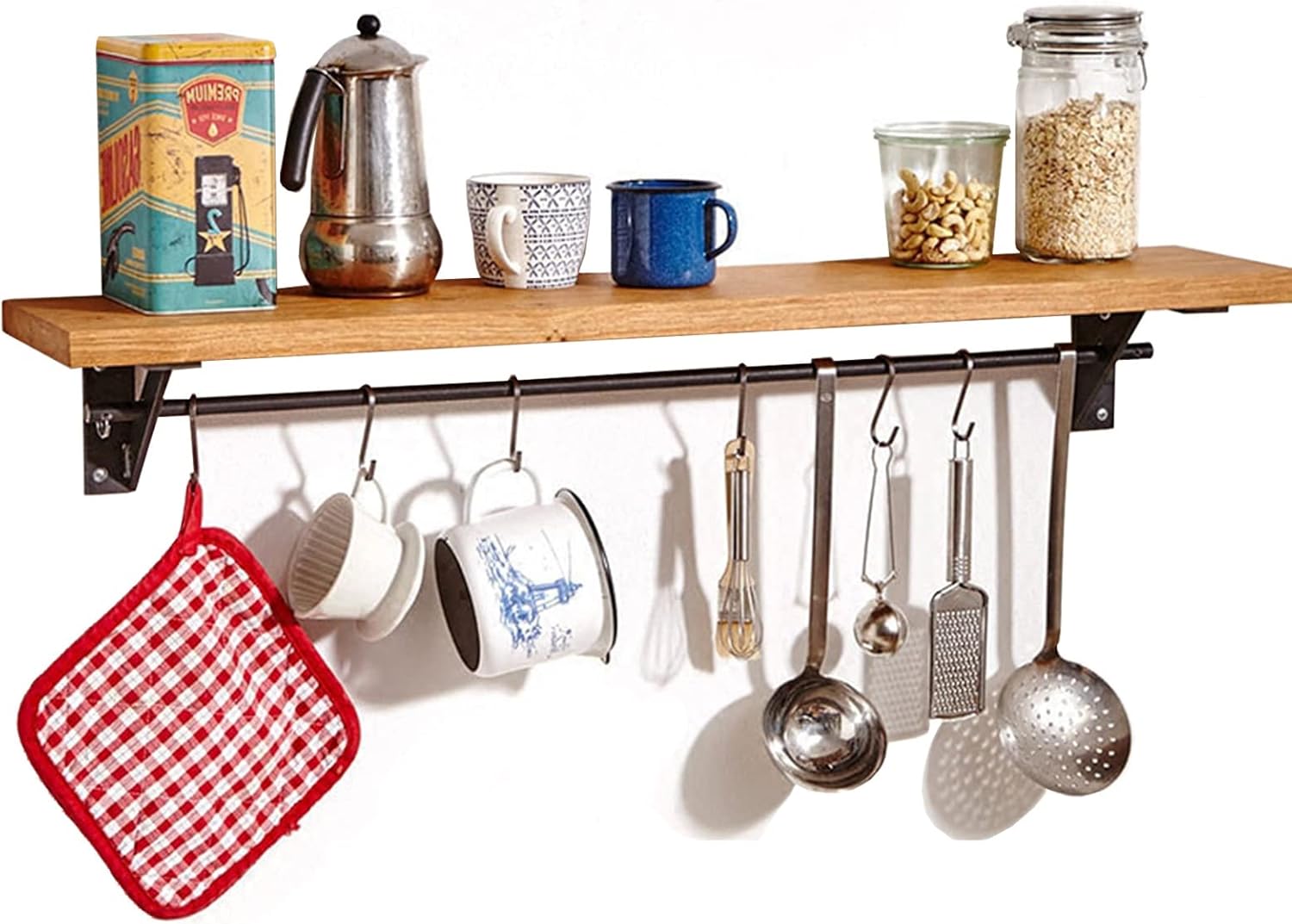 Floating Shelves for Kitchen Spice Storage Hanging Pot & Pan Rack,Wood Wall Mount Shelf with Rails and Hooks, for Bedroom, Living Room, Bathroom, Hanger Organizer for Utensil (Size : 60x20x ()