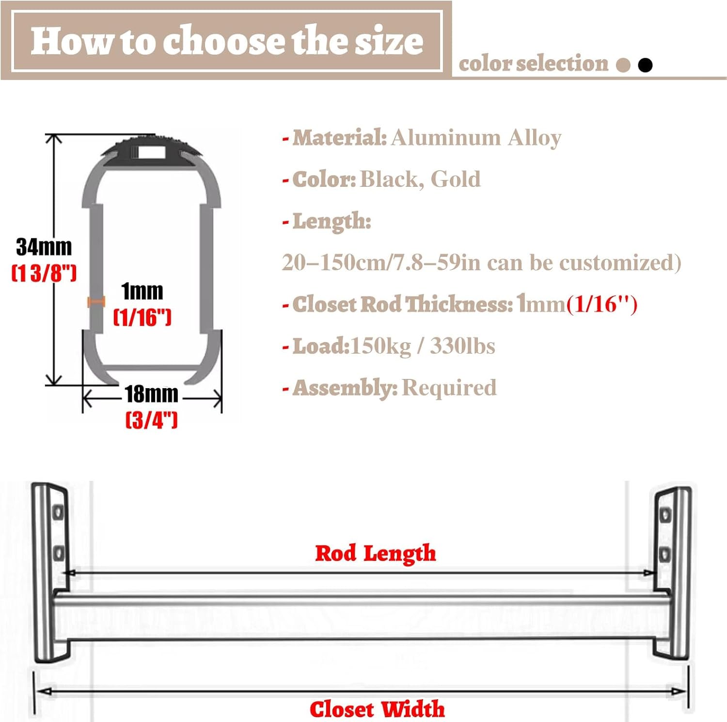 Corner Wardrobe Support System w/Connector, Closet Organizer Rods for Hanging Clothes, Coats Garment Hanger Rail for Top Mount, Storage Holders(Gold,120cm(47 1/4