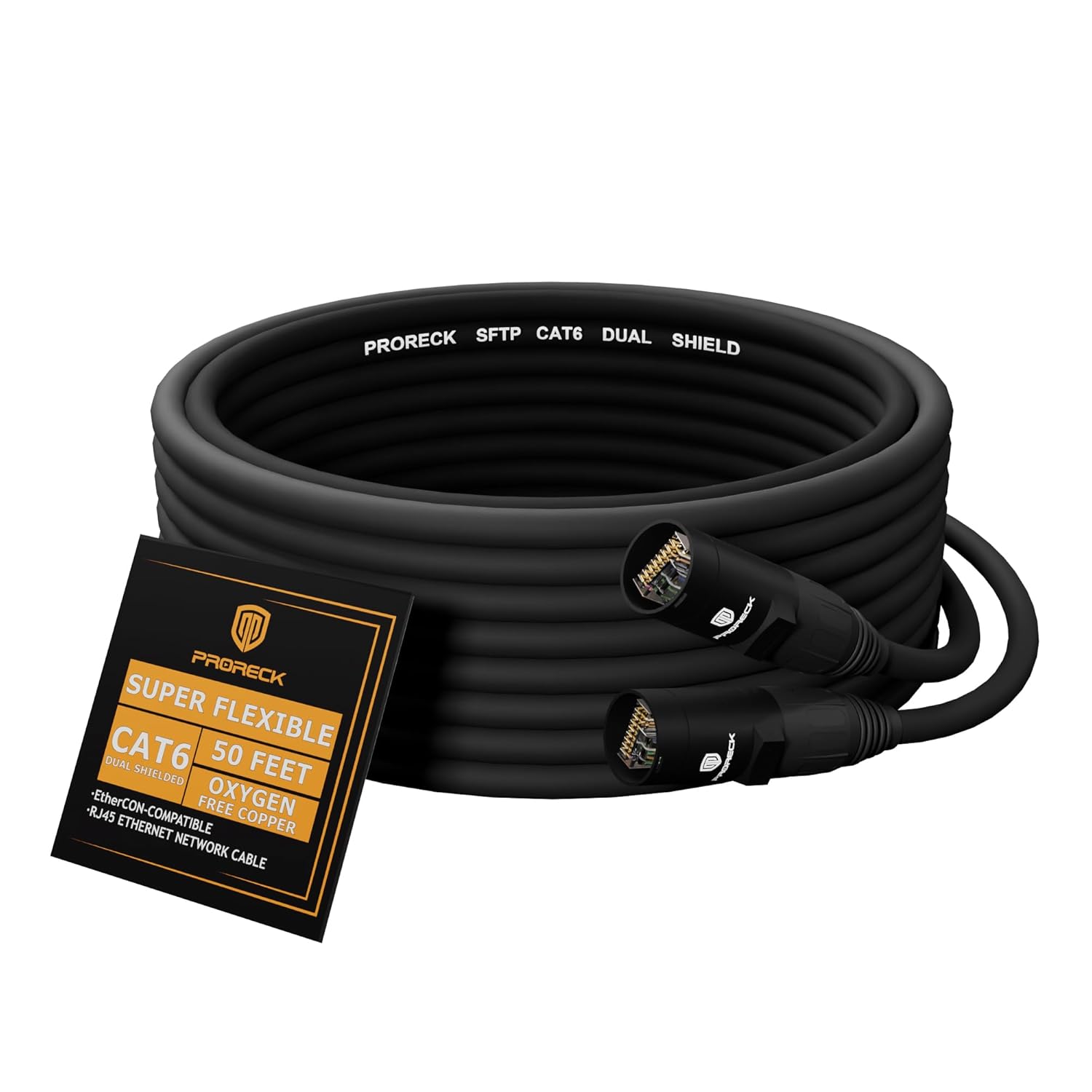 PRORECK SFTP CAT6 Dual Shielded Ethernet Cable with EtherCON RJ45 Connectors,50ft, High-Speed, Ideal for Pro Sound Systems, Studio, and Live Performances (PR-C6B-50)