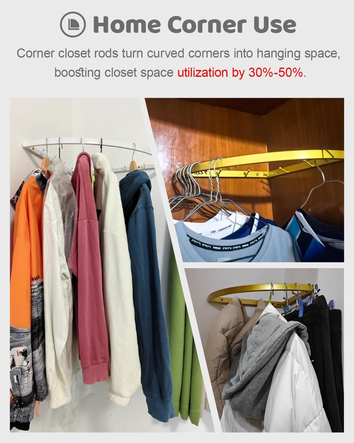 Corner Wardrobe Closet Bracket for Room, Corner 90 Degree Support Bracket for Round Closet Rods, Nursery Organization Clothes Holders Rack(Gold,50cm(19.7