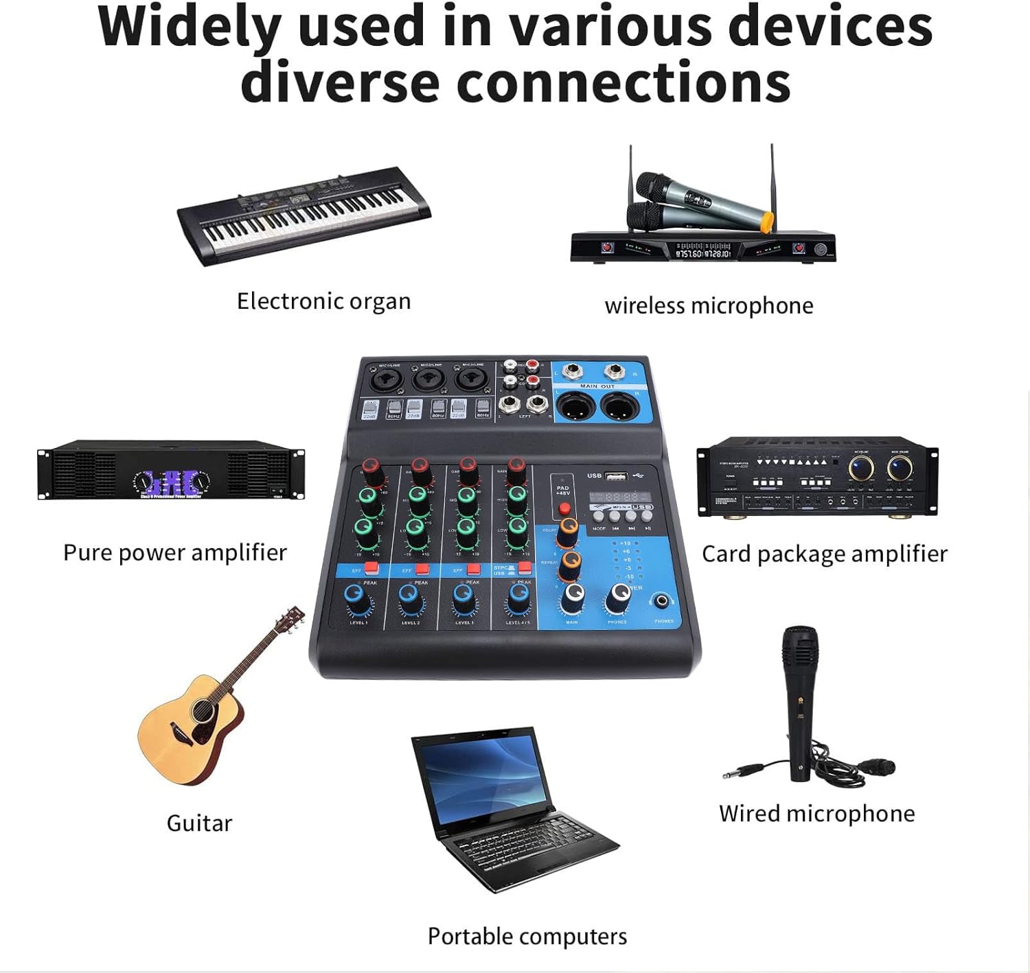 5 Channels DJ Mixer, Metal Material Sound Board Console with Playback USB Compatibility for Mixing and Recording, Small and Lightweight for Music Production (US Plug)