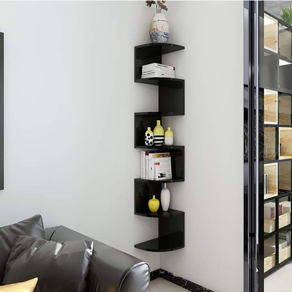 5-Tier Wall-Mounted Corner Shelf,Modern Decorative Zig Zag Unit Floating Shelves,Wall-Mounted Storage Display Rack,Easy to Install,for Bedroom Living Room Home Furniture Office Decor (Black Large)