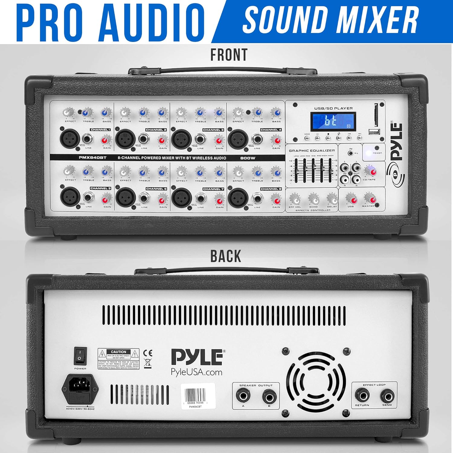Pyle 800W Powered Stage Mixer with Bluetooth - 8 Channel Pro Audio Sound System w/ USB-A MP3 SD Card Player - RCA/1/4” Effects Loop - Aux Input - Digital LCD Display - Built-in Cooling Fan - PMX840BT