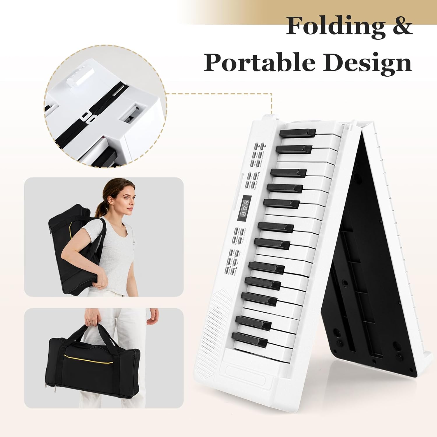 Costzon 61 Key Folding Piano Keyboard, Electric Digital Piano Keyboard with Lighted Keys, MIDI, Headphones, Sustain Pedal & Carrying Bag, Portable Keyboard Piano for Beginners Adults (White)