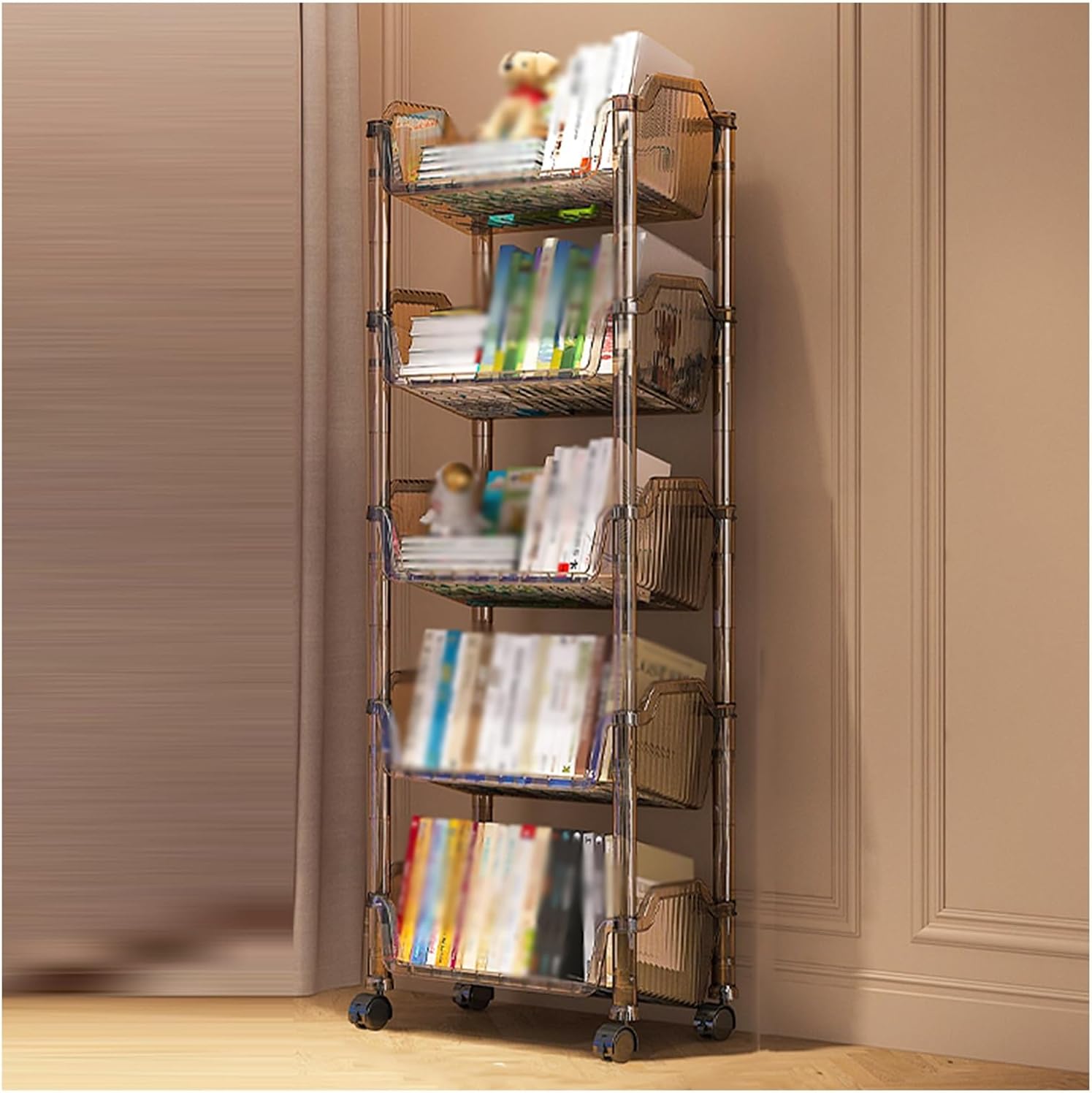 3/4/5 Cube Bookshelf, Multi-Layer Home Desk Side with Wheels, Suitable for Living Room, Study Room, Reading Corner (Transparent Gray)(5tier) ()