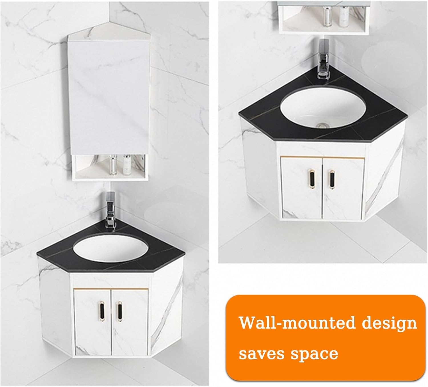 Corner Bathroom Sink, 20 Inch, Wall-Mount, Ceramic, Triangle, 2 Holes, No Mirror