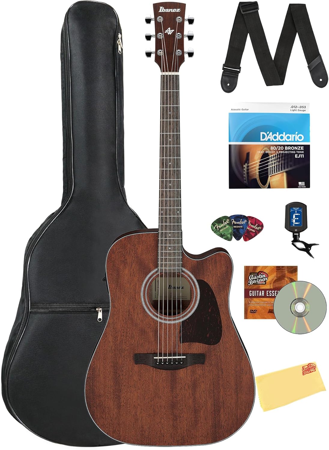 Ibanez AW54CE Artwood Traditional Acoustic-Electric Guitar - Open Pore Natural Bundle with Gig Bag, Tuner, Strap, D'Addario Strings, Picks, Austin Bazaar Instructional DVD, and Polishing Cloth