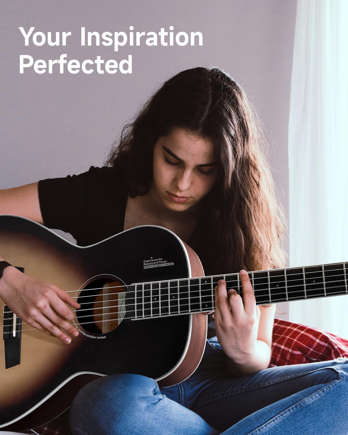 Rosen V1 Hybrid Acoustic Guitar for Beginners Adults Patented Body with Solid Spruce Top & Soft Touch Strings Thin Neck & Open Pore Matte 38 Inch,Black