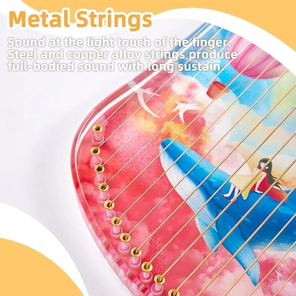 Mini Lyre Harp with Whale Pattern, Fingerpicking String Instrument, Metal Strings Acrylic Thumb Piano with Tuning Wrench(Color:Black,Clear,Copper)