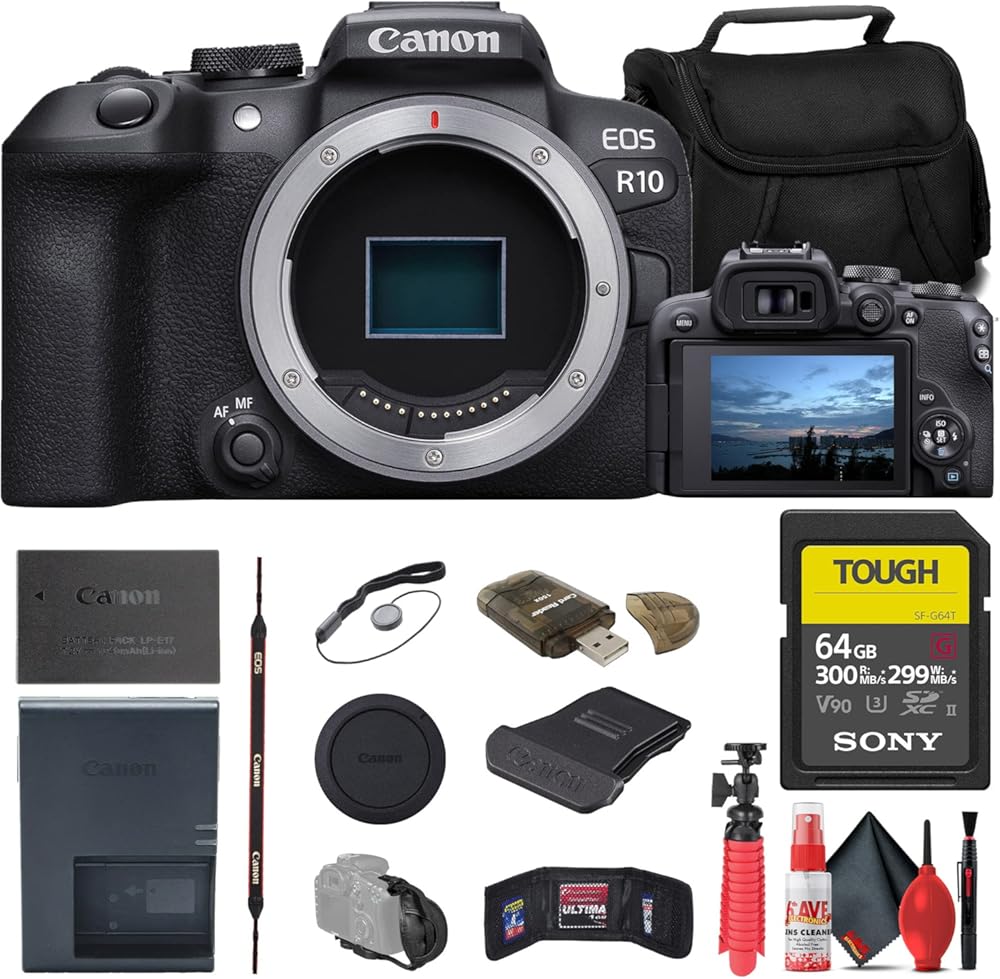 Canon EOS R10 Mirrorless Camera (5331C002) + Sony 64GB Tough SD Card + Bag + Card Reader + Flex Tripod + Hand Strap + Memory Wallet + Cap Keeper + Cleaning Kit (Renewed)