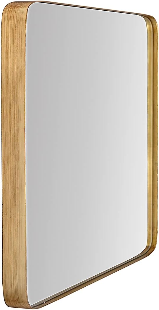 Buy-Rite Stella 36” H x 24” W Rectangle Salon Mirror with Gold Metallic Leaf Wood Frame - 2” Radius Corners - Wall Mount with D-Rings - Vertical or Horizontal Hanging - Fully Assembled - PFW-FR-2436