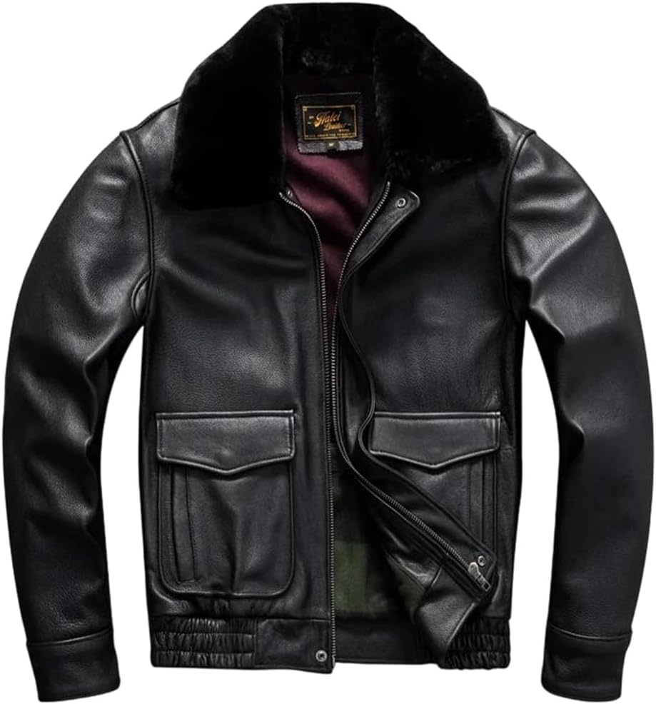 Men Military Style Cotton Lining Genuine Natural Thick Cowhide Wool Collar Flight Leather Jacket Coat